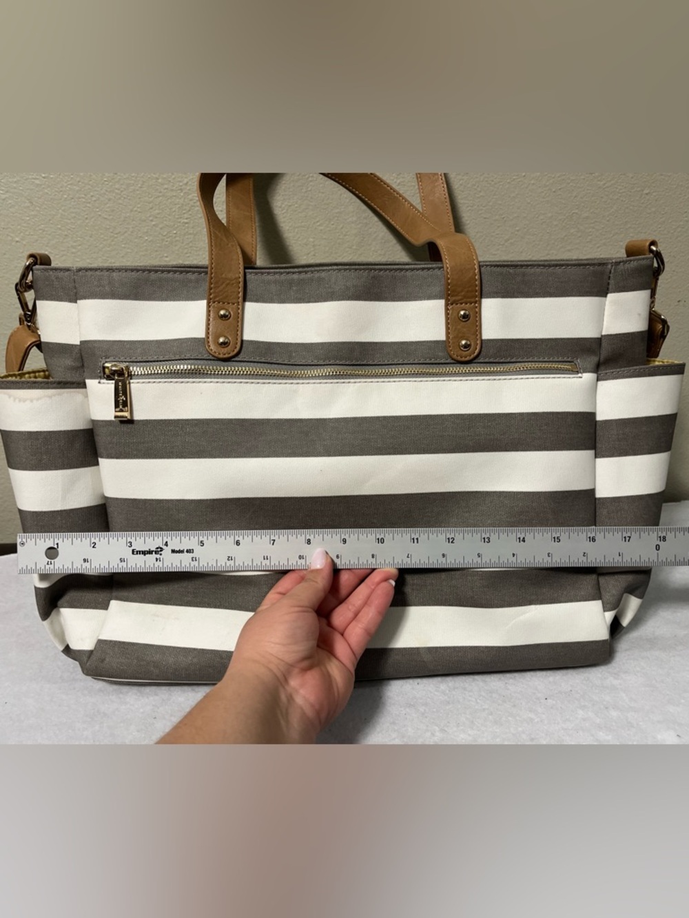 White Elm Aquila Tote Gray White Striped Canvas Diaper Work Bag Crossbody - Picture 16 of 16
